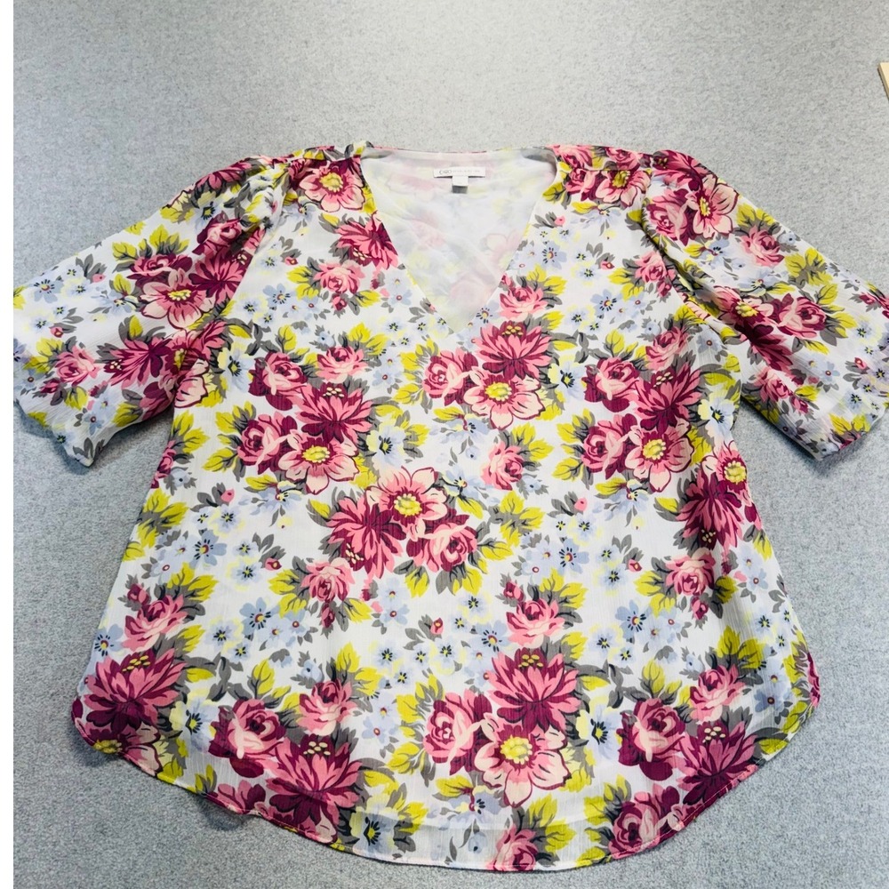 Cato Floral Blouse Womens XL White Pink V-Neck Short Puff Sleeve Chiffon Top